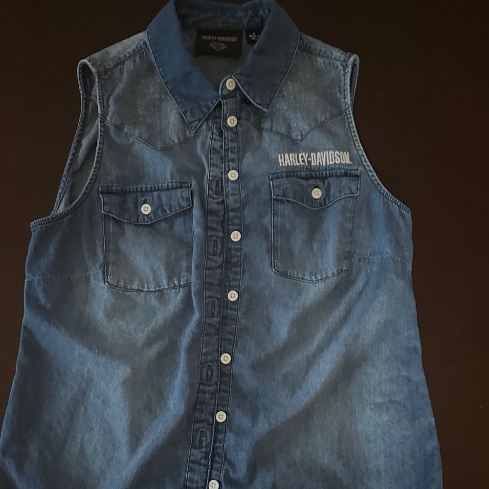 Harley-Davidson Blue Sleeveless Denim Button-Up Shirt